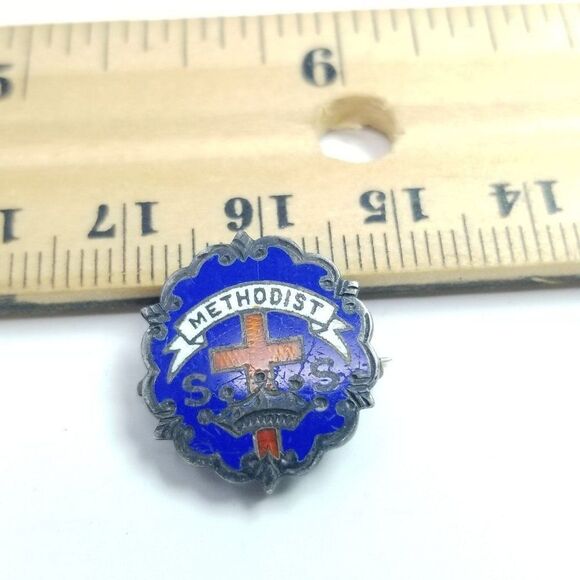 Vintage Enamel Methodist Pin, Blue Red White, Littles System Brooch, Tarnished - Picture 2 of 5